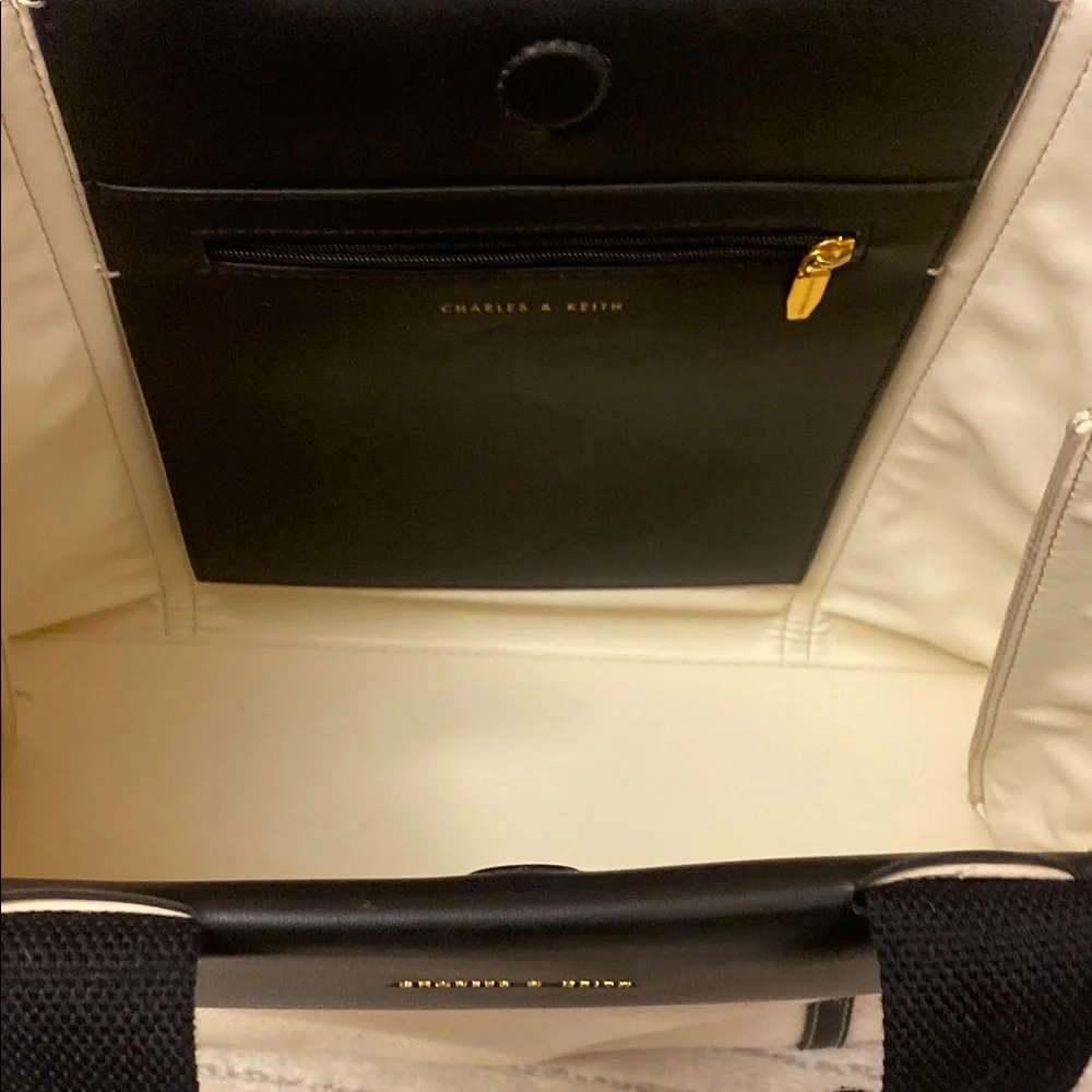 Charles & Keith Cream Canvas Tote with Black Trim